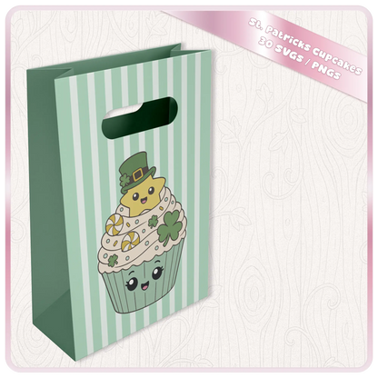 St. Patrick’s Day Cupcakes SVG and PNG mockup showing cute lucky star cupcake artwork printed on a green striped gift bag.