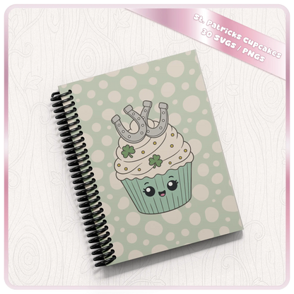 St. Patrick’s Day cupcake SVG and PNG mockup showing cute horseshoe cupcake artwork on a spiral notebook with soft green polka dot background.