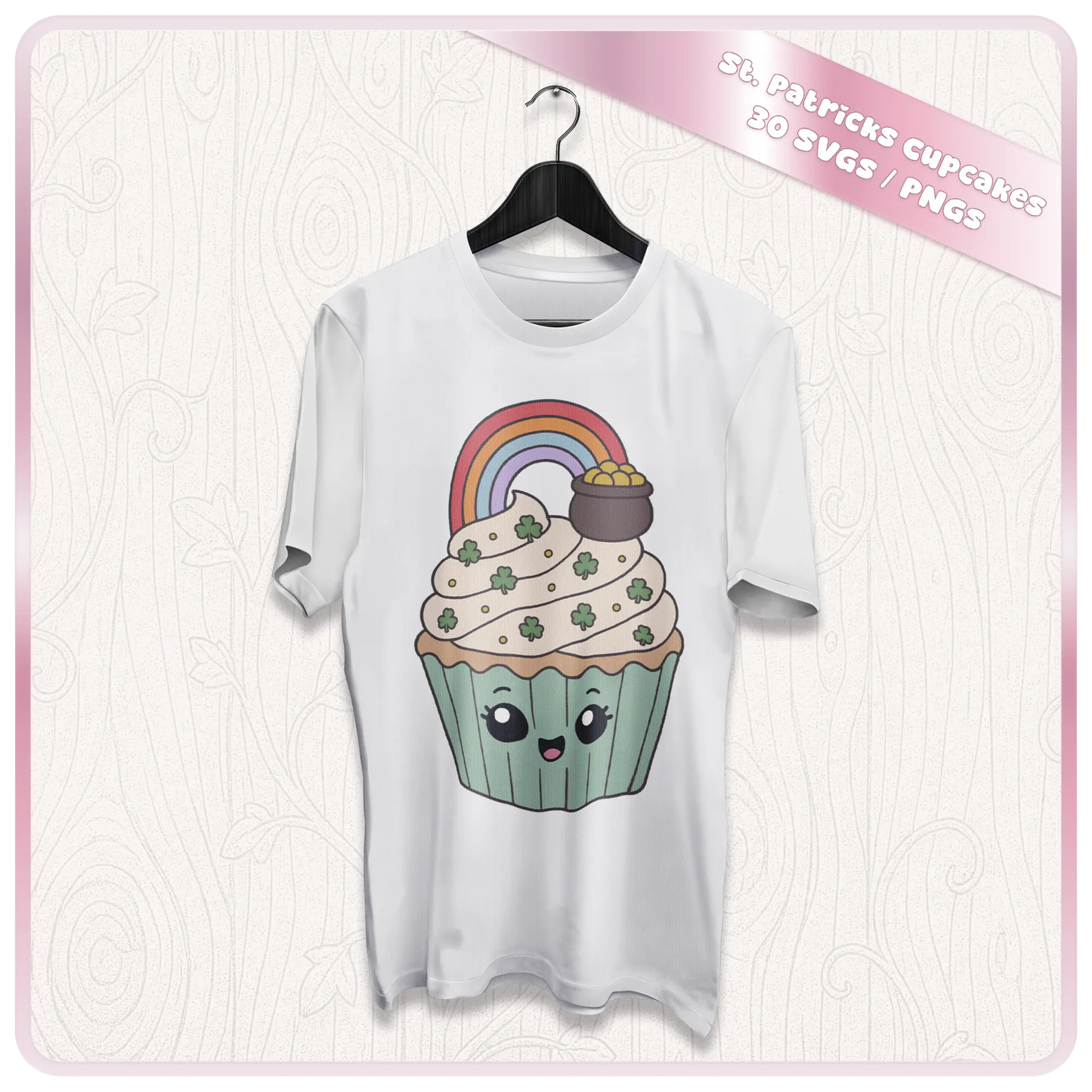 St. Patrick’s Day cupcake clipart mockup showing cute rainbow and pot of gold cupcake design printed on a white t-shirt for Irish holiday apparel and sublimation projects.