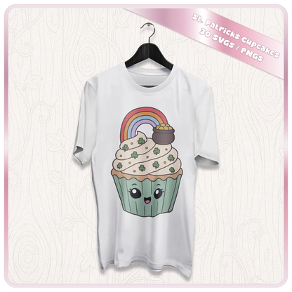 St. Patrick’s Day cupcake clipart mockup showing cute rainbow and pot of gold cupcake design printed on a white t-shirt for Irish holiday apparel and sublimation projects.