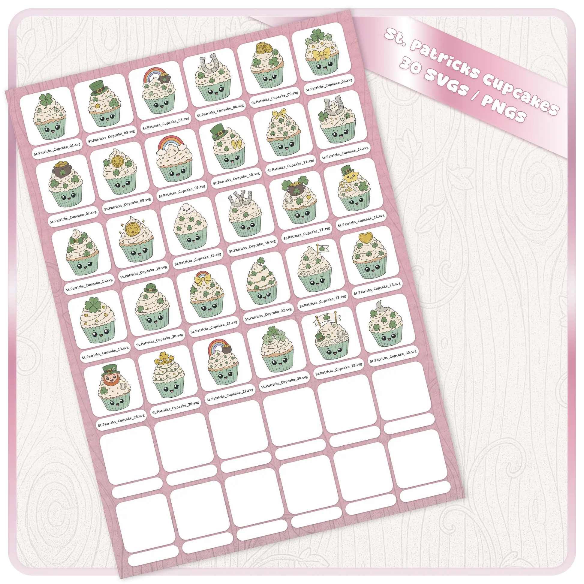 St. Patrick’s Day Cupcakes SVG and PNG bundle preview showing 30 cute lucky shamrock cupcake clipart files arranged on a digital download sheet.