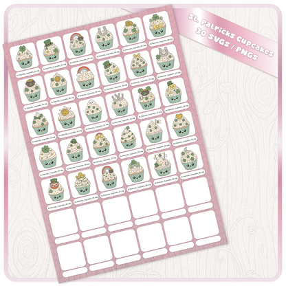 St. Patrick’s Day Cupcakes SVG and PNG bundle preview showing 30 cute lucky shamrock cupcake clipart files arranged on a digital download sheet.