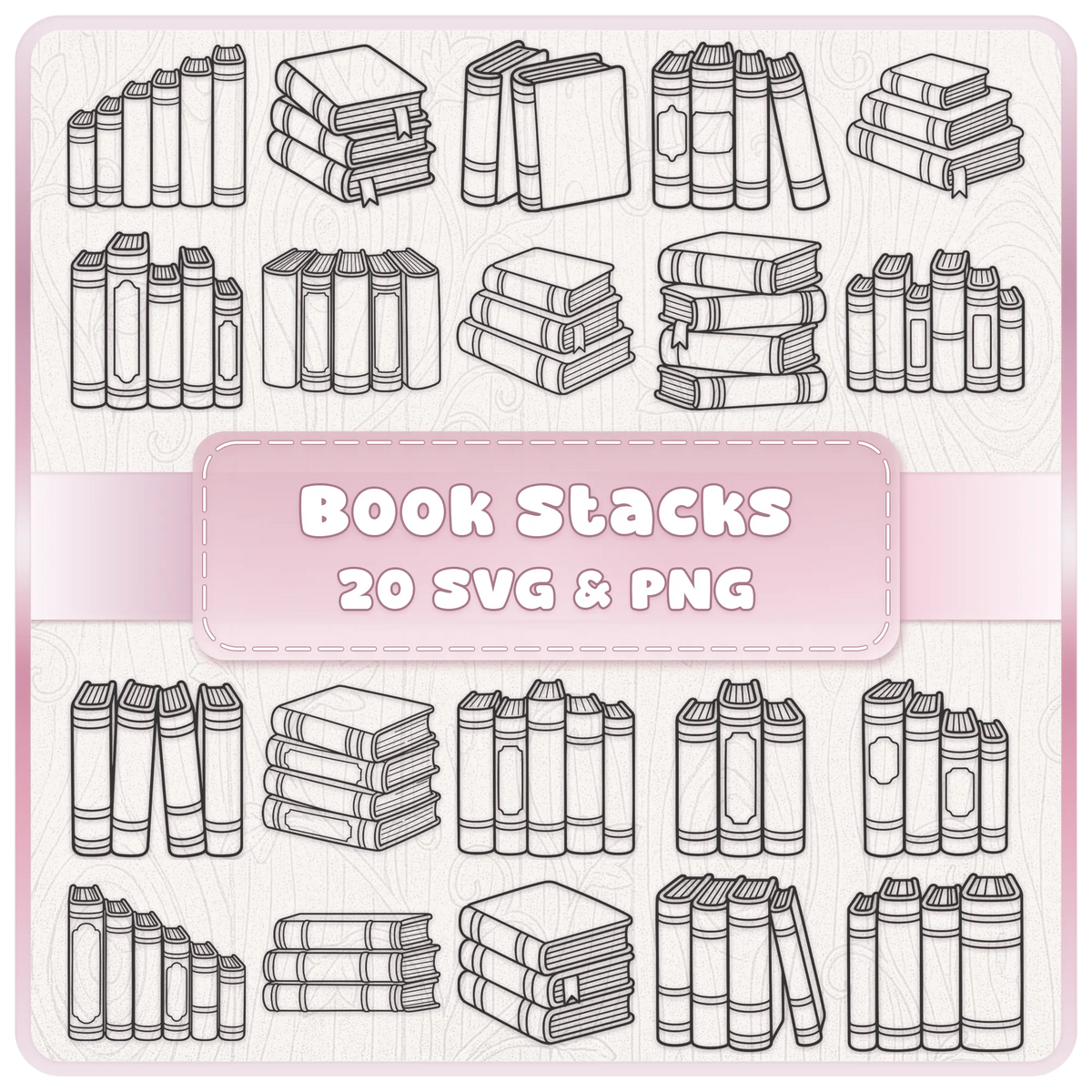 Stacked Books 20 SVG and PNG bundle featuring book stacks, vintage books, library books and bookish clipart for Cricut and digital crafts.