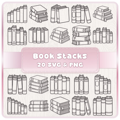 Stacked Books 20 SVG and PNG bundle featuring book stacks, vintage books, library books and bookish clipart for Cricut and digital crafts.
