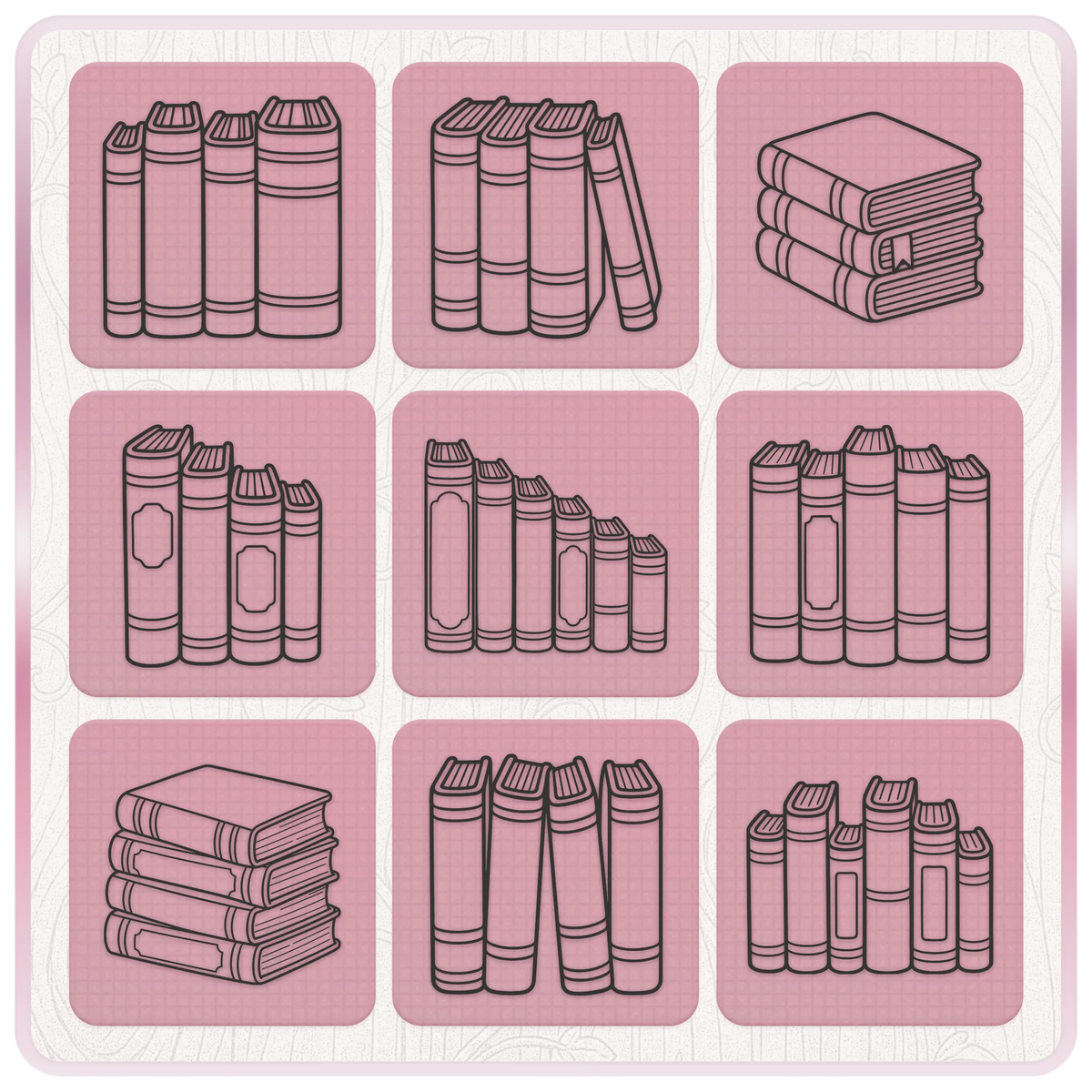 Book SVG bundle preview showing 9 stacked books, upright vintage books and bookish library clipart designs for Cricut and crafts.