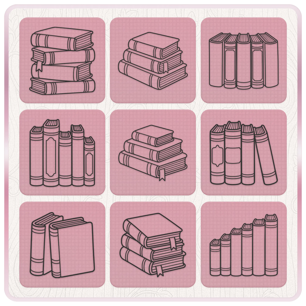 Stacked books SVG and PNG bundle preview featuring 9 hand drawn book stack, vintage book and library book clipart designs.