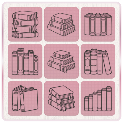 Stacked books SVG and PNG bundle preview featuring 9 hand drawn book stack, vintage book and library book clipart designs.