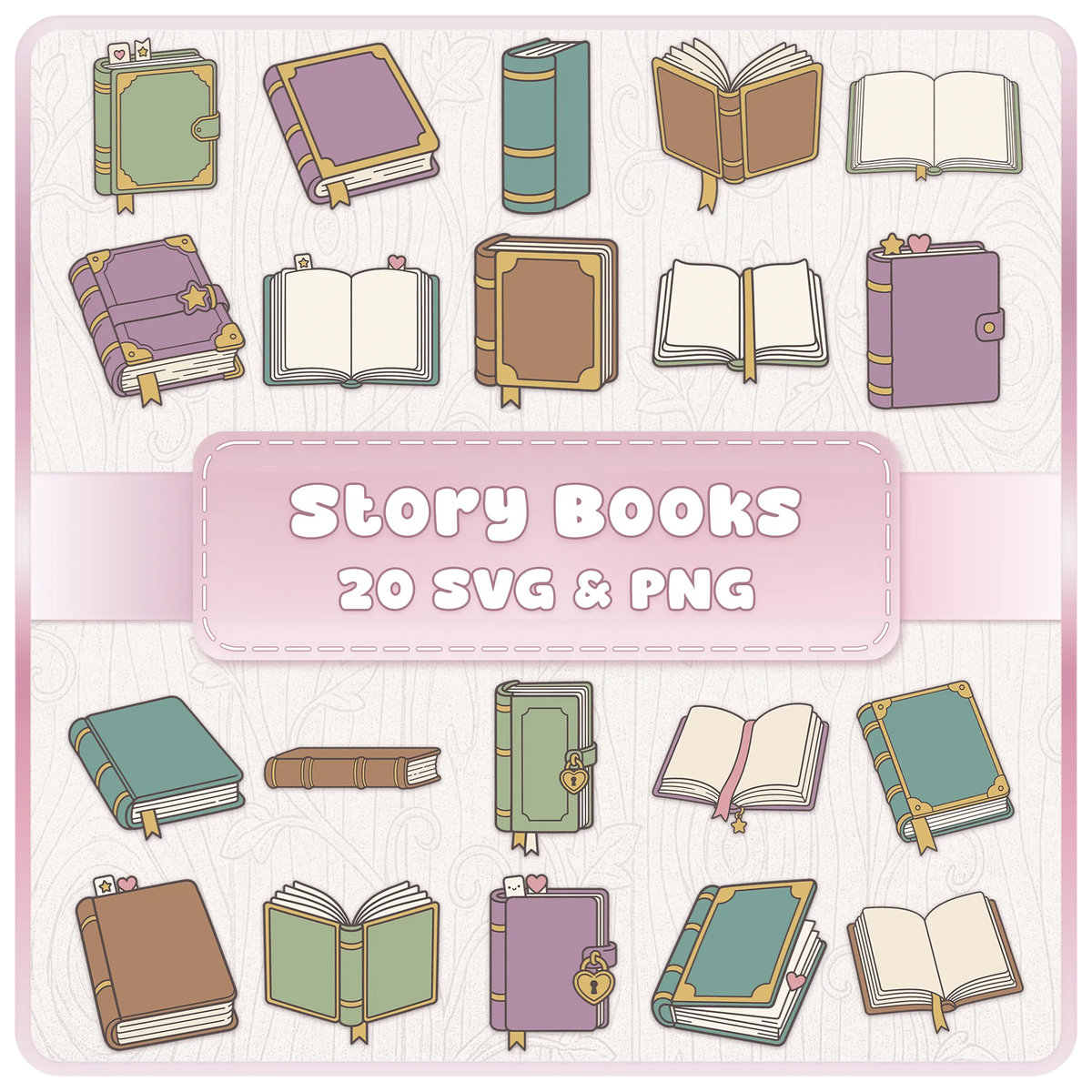 Story book SVG bundle with 20 colourful book clipart designs including open books, journals and vintage books in SVG and PNG format