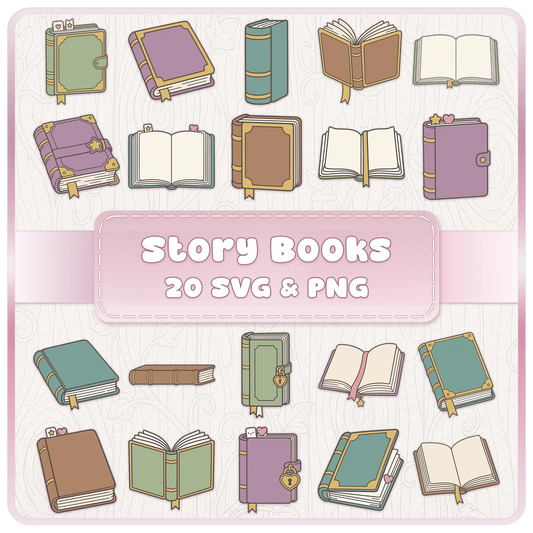 Story book SVG bundle with 20 colourful book clipart designs including open books, journals and vintage books in SVG and PNG format