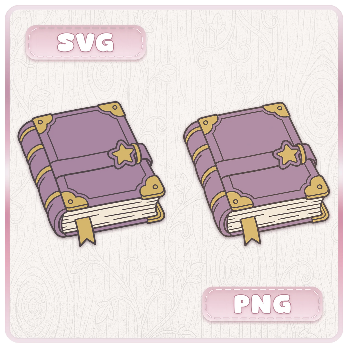 Purple vintage story book illustration shown as SVG and PNG book clipart with gold corners, star clasp and bookmark