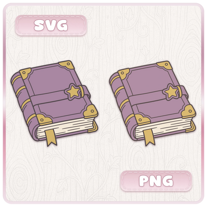 Purple vintage story book illustration shown as SVG and PNG book clipart with gold corners, star clasp and bookmark