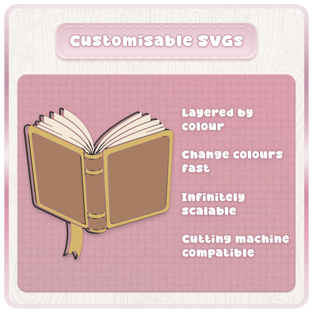 Customisable story book SVG showing layered colour editing, scalable vector artwork and cutting machine compatible book design
