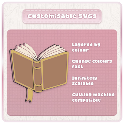 Customisable story book SVG showing layered colour editing, scalable vector artwork and cutting machine compatible book design