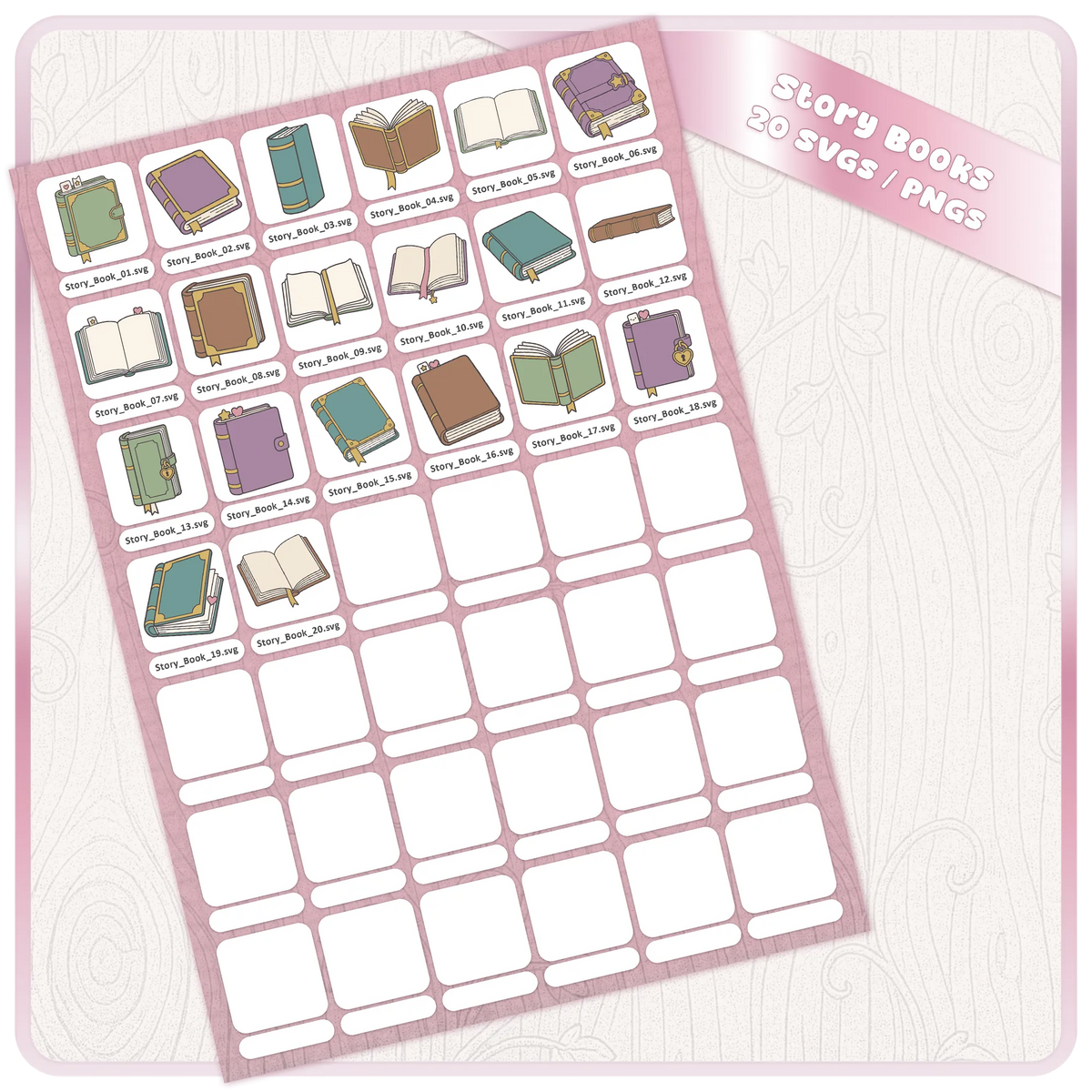 20 story book SVG and PNG files displayed in a digital bundle preview with colourful book illustrations for Cricut and craft projects
