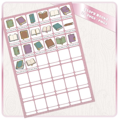 20 story book SVG and PNG files displayed in a digital bundle preview with colourful book illustrations for Cricut and craft projects