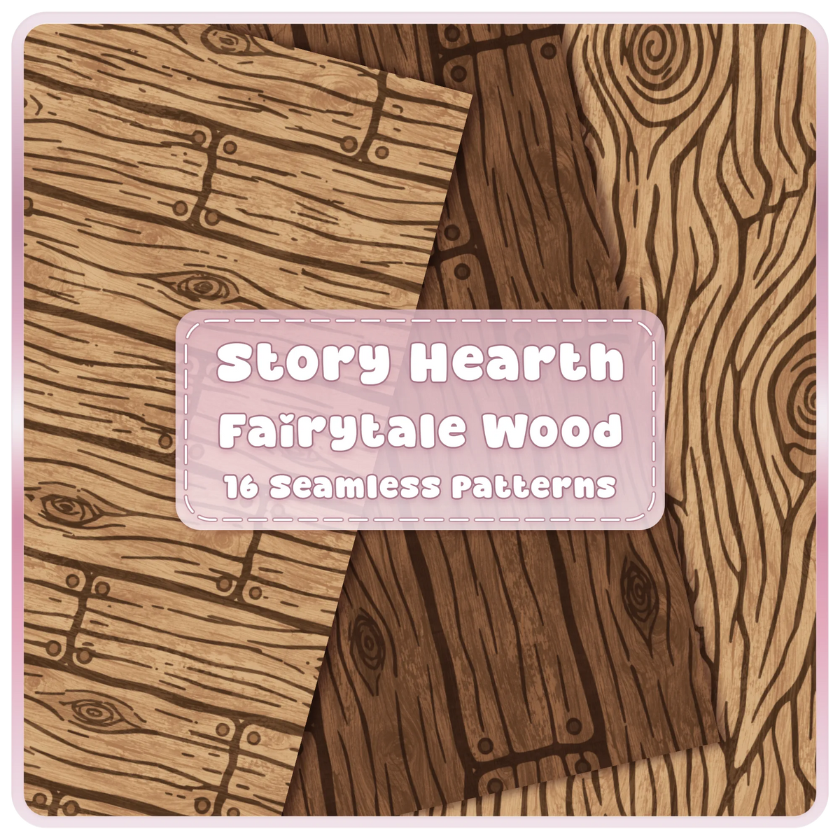 Storybook Hearth fairytale wood seamless patterns in warm oak and brown with rustic planks and flowing wood grain