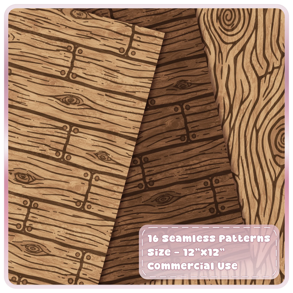 Fairytale wood digital papers showing golden oak planks, dark brown timber and decorative flowing wood grain