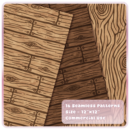 Fairytale wood digital papers showing golden oak planks, dark brown timber and decorative flowing wood grain