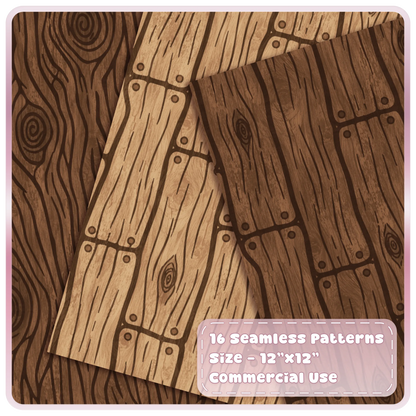 Warm brown and oak seamless wood patterns with rustic planks, knots and hand drawn storybook timber grain