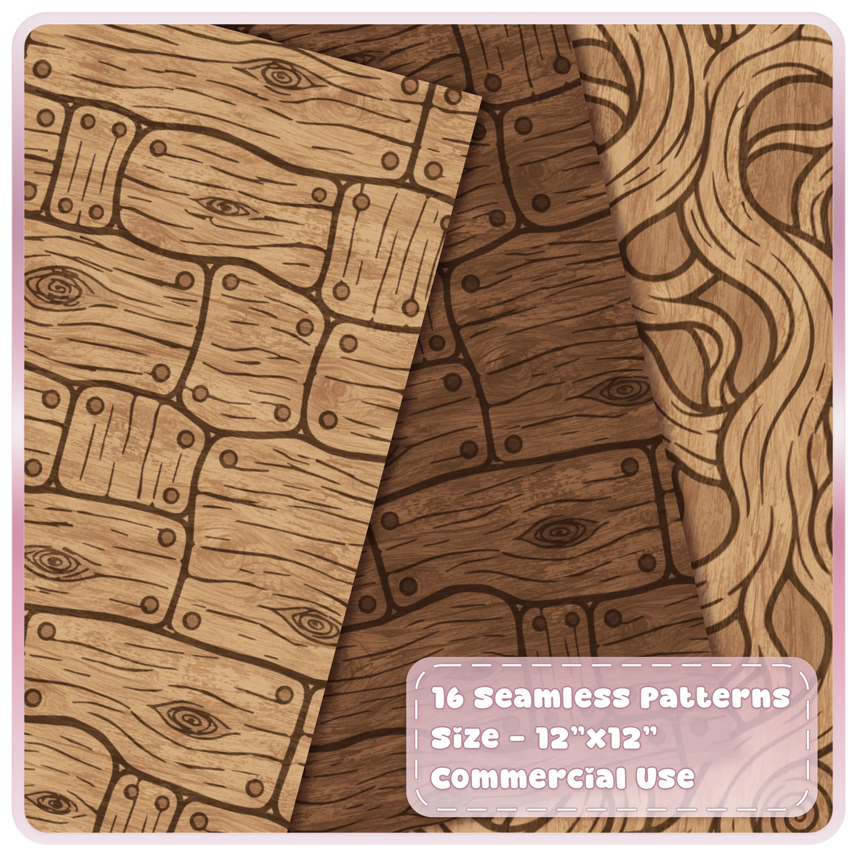 Storybook wood digital papers featuring rustic oak planks, deep brown timber and flowing fairytale wood textures