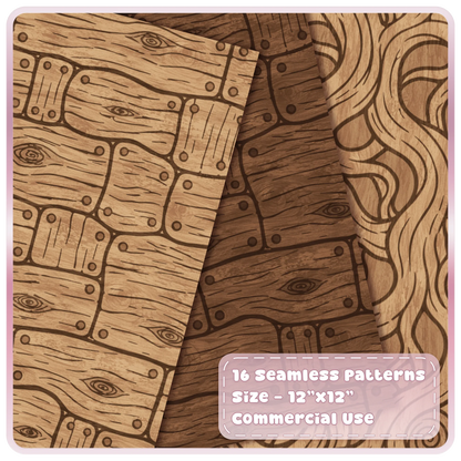 Storybook wood digital papers featuring rustic oak planks, deep brown timber and flowing fairytale wood textures