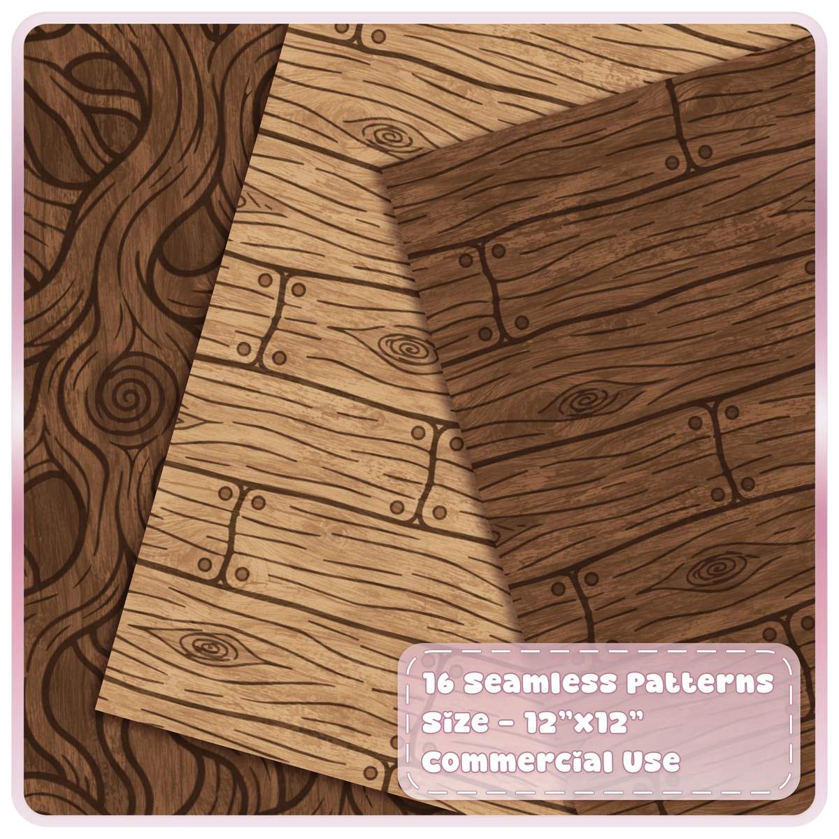 Warm fairytale wood seamless patterns with golden oak boards, dark brown planks and swirling timber grain
