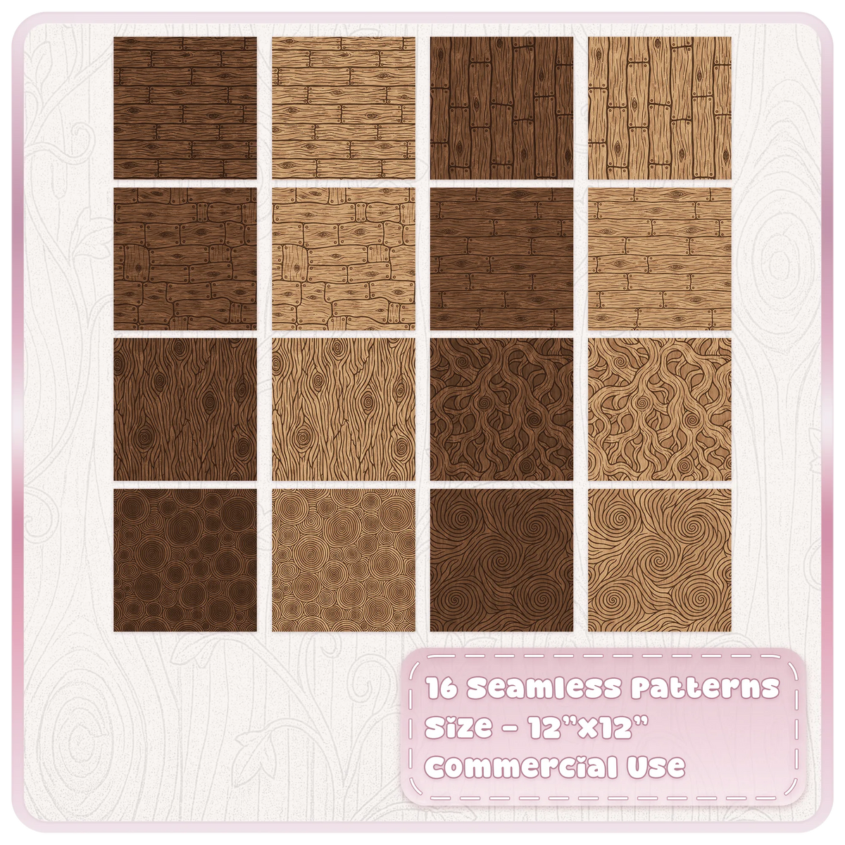 Collection of 16 storybook wood seamless JPG patterns with rustic planks, knots and decorative wood grain