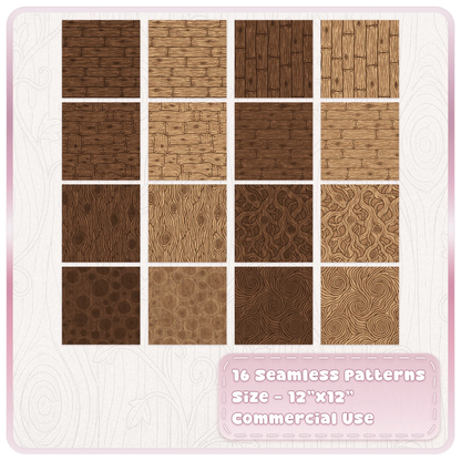 Collection of 16 storybook wood seamless JPG patterns with rustic planks, knots and decorative wood grain
