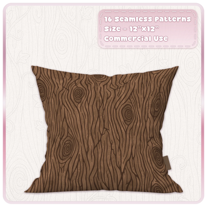 Warm brown storybook wood grain seamless pattern displayed on a cushion mockup with flowing timber texture