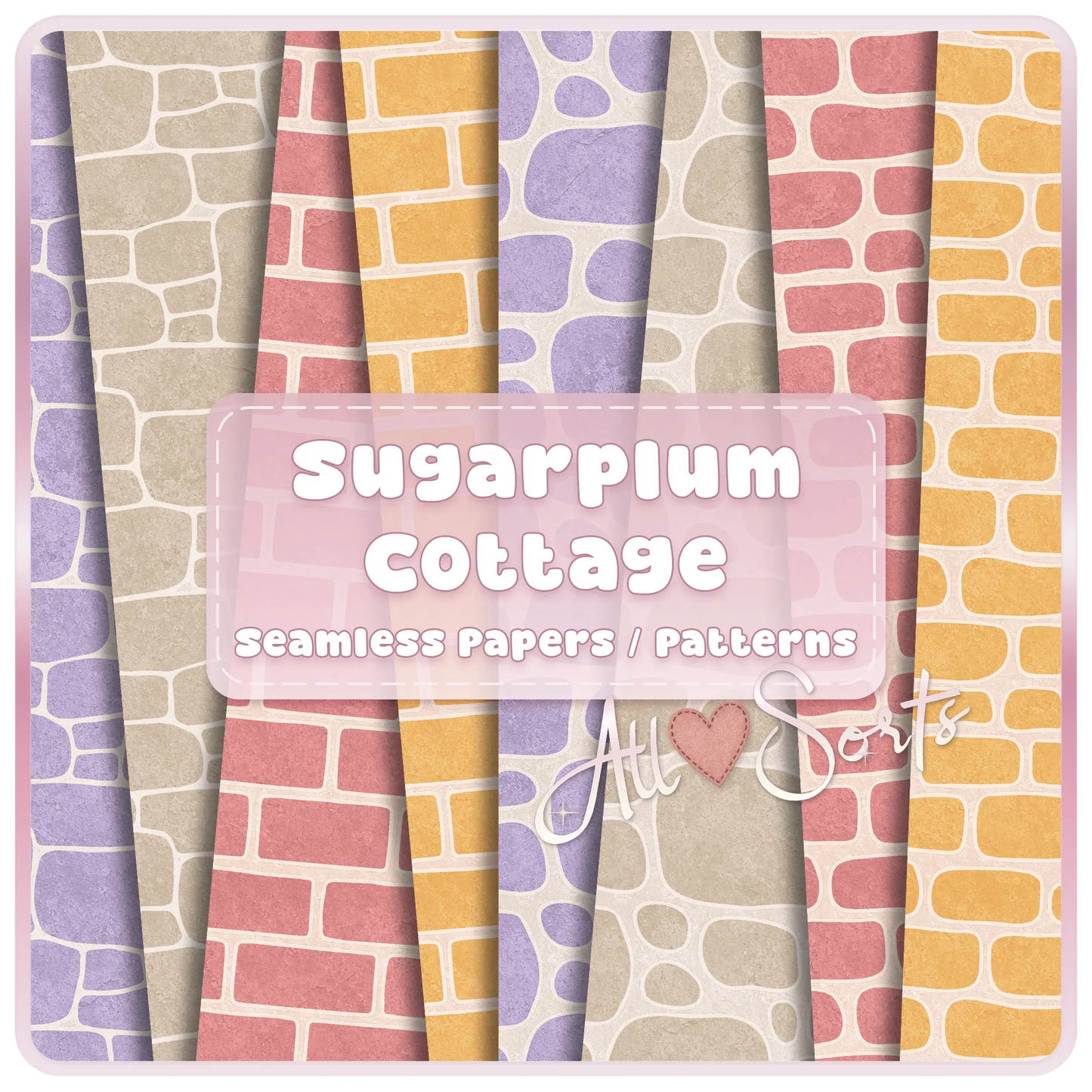 Sugarplum Cottage seamless brick and stone digital paper pack preview with pastel pink, yellow, lavender, and neutral cottagecore patterns.