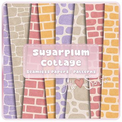 Sugarplum Cottage seamless brick and stone digital paper pack preview with pastel pink, yellow, lavender, and neutral cottagecore patterns.
