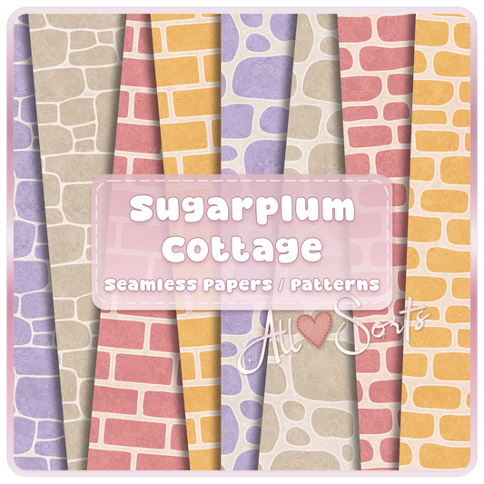 Sugarplum Cottage seamless brick and stone digital paper pack preview with pastel pink, yellow, lavender, and neutral cottagecore patterns.