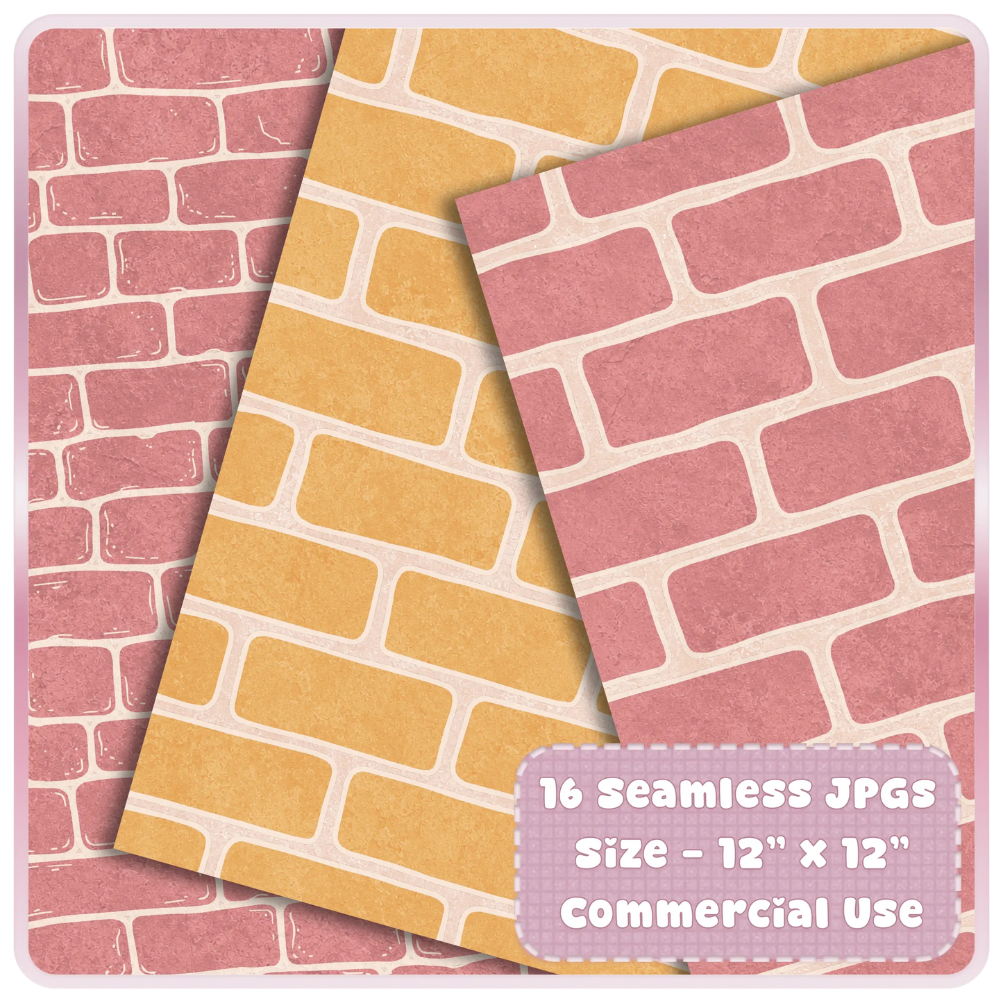 Pastel pink and golden yellow seamless brick digital paper preview, 12x12 JPG pattern for scrapbooking and commercial use crafts.