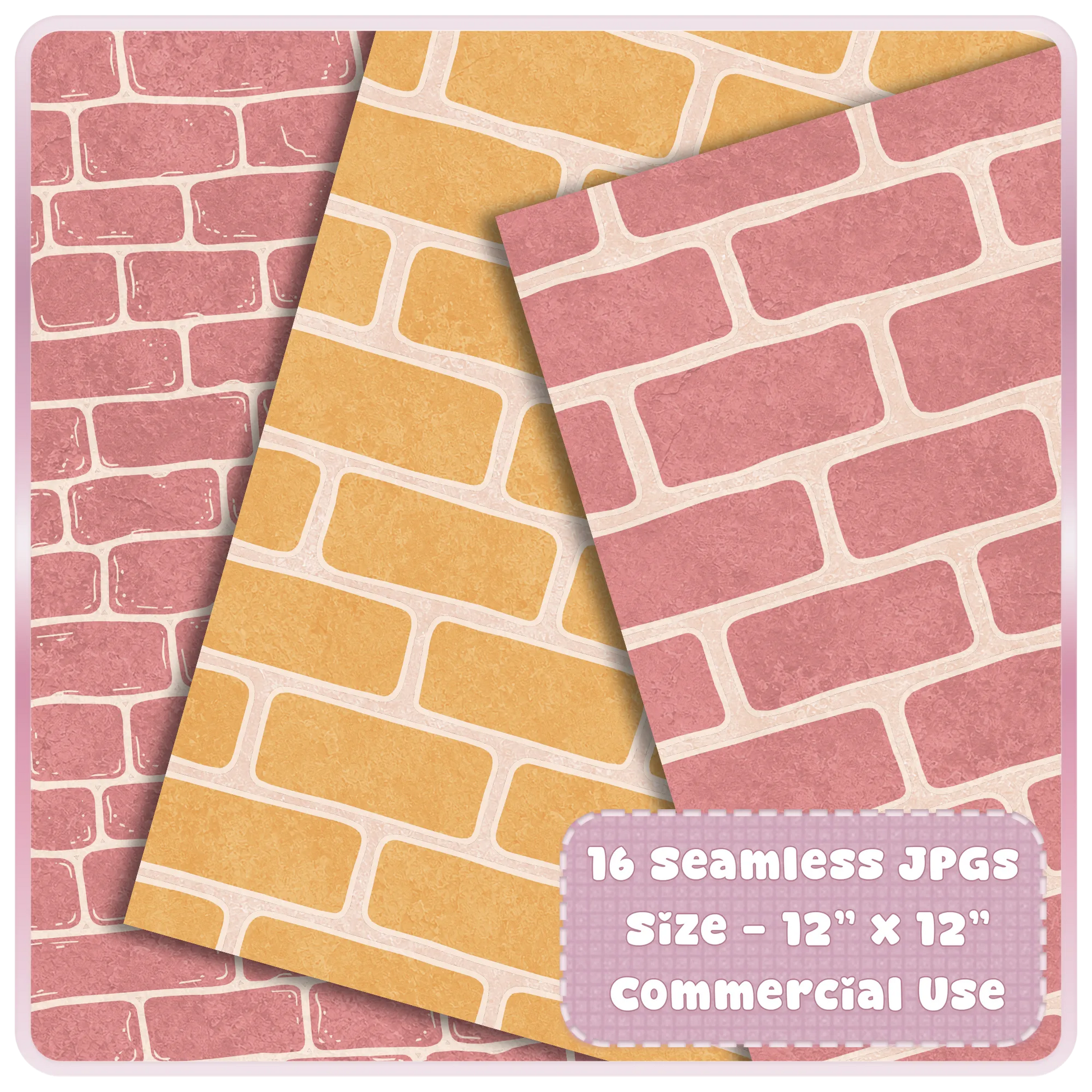Pastel pink and golden yellow seamless brick digital paper preview, 12x12 JPG pattern for scrapbooking and commercial use crafts.