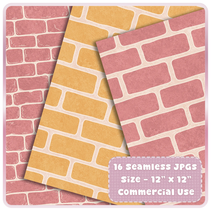 Pastel pink and golden yellow seamless brick digital paper preview, 12x12 JPG pattern for scrapbooking and commercial use crafts.