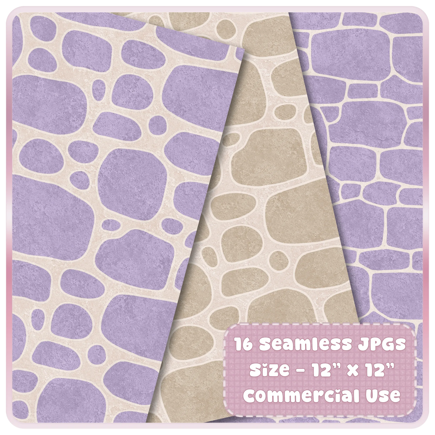 Lavender purple and taupe seamless stone digital paper preview with textured cottagecore rock patterns for printable projects.