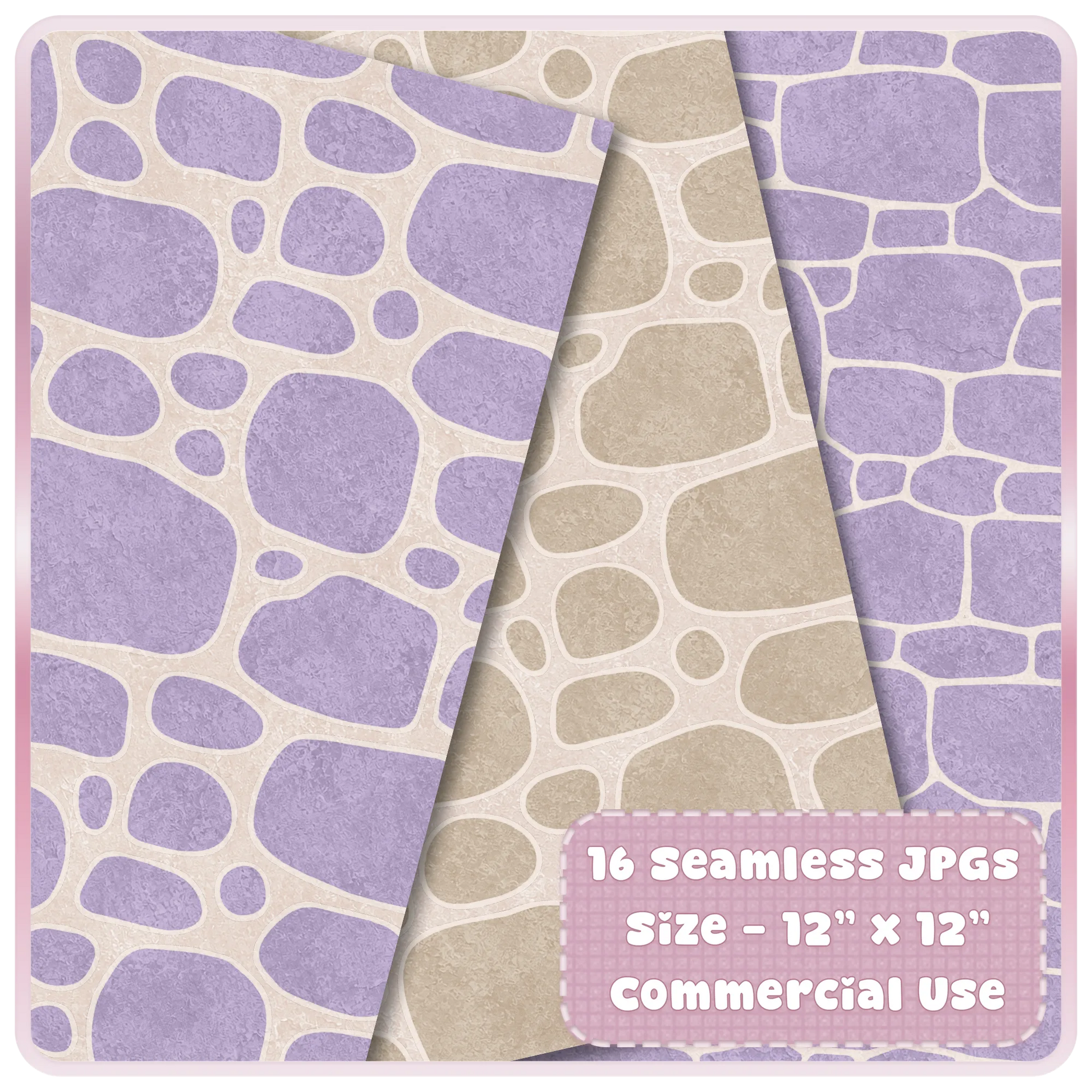 Lavender purple and taupe seamless stone digital paper preview with textured cottagecore rock patterns for printable projects.