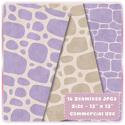 Lavender purple and taupe seamless stone digital paper preview with textured cottagecore rock patterns for printable projects.