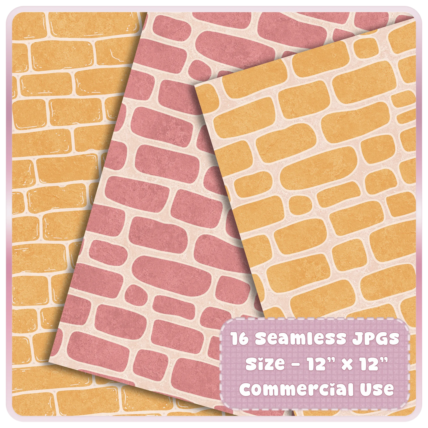 Pink and yellow seamless brick pattern digital paper preview with soft textured fairytale cottage style for sublimation and crafts.