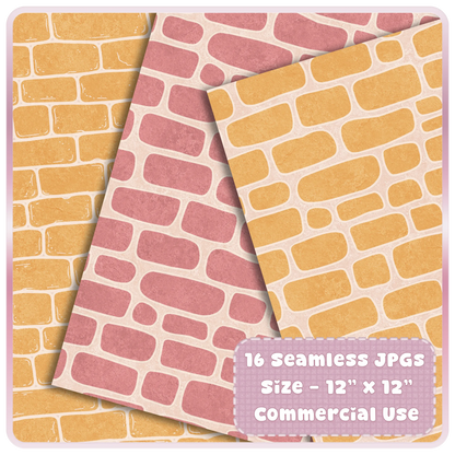 Pink and yellow seamless brick pattern digital paper preview with soft textured fairytale cottage style for sublimation and crafts.