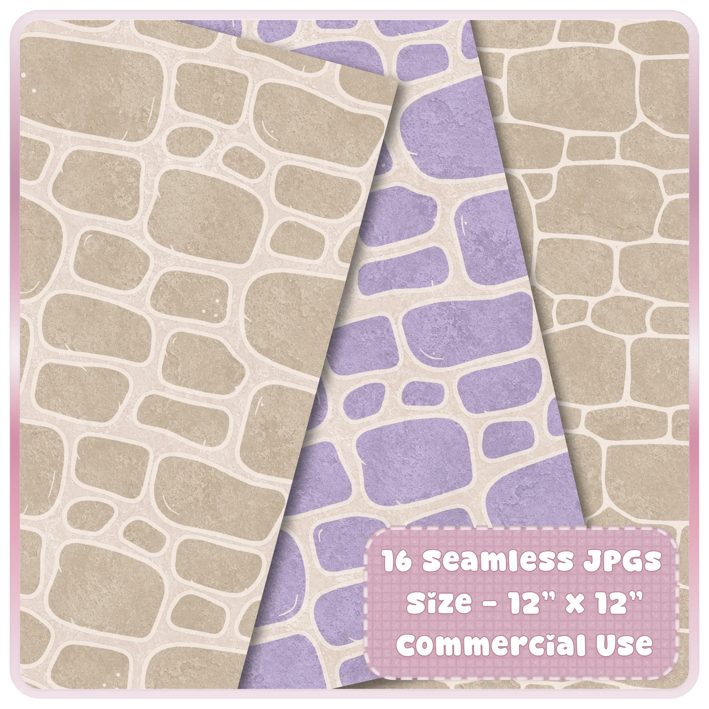 Neutral taupe and lavender seamless stone digital paper preview with whimsical cottage wall pattern for scrapbooking backgrounds.
