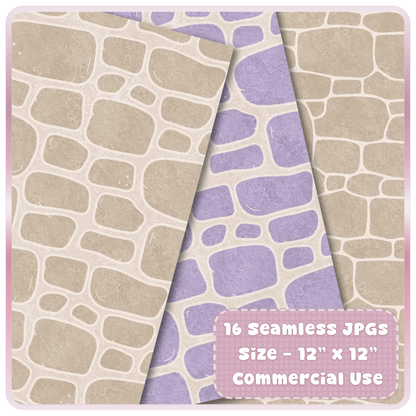 Neutral taupe and lavender seamless stone digital paper preview with whimsical cottage wall pattern for scrapbooking backgrounds.
