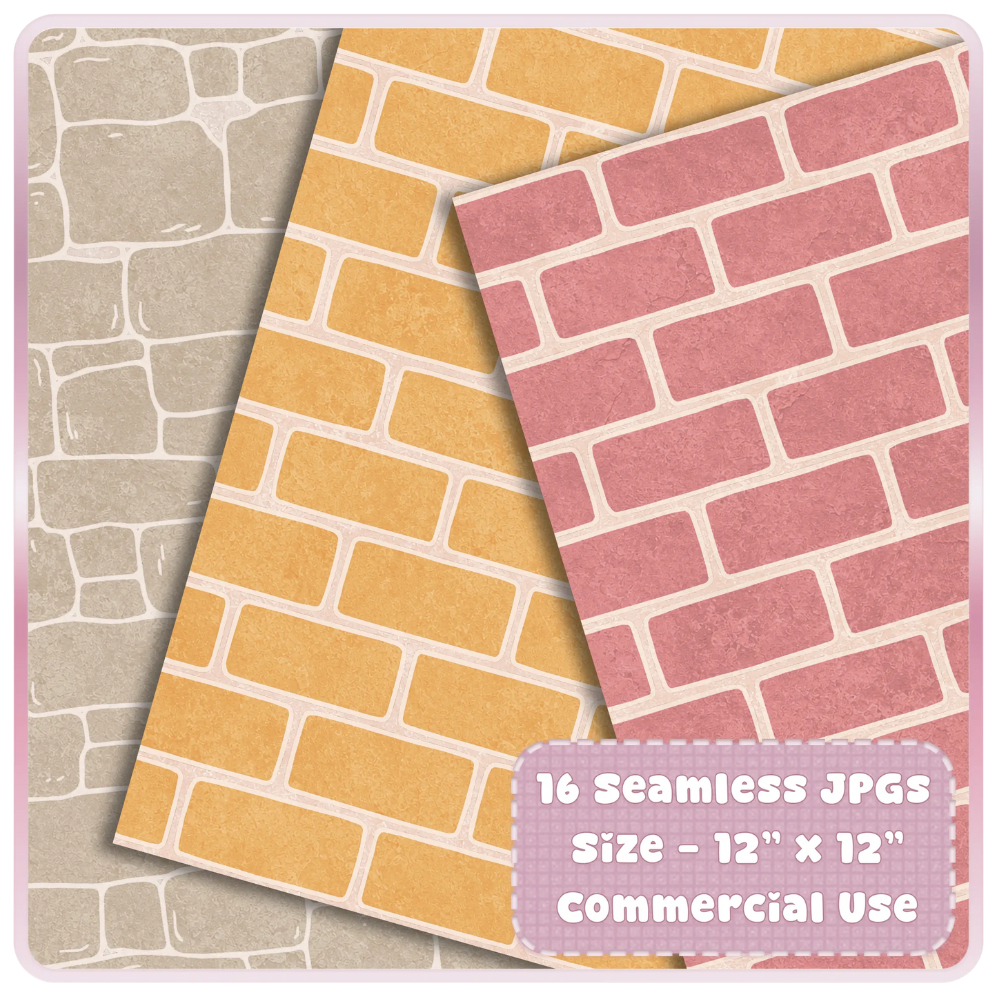 Sugarplum Cottage seamless brick digital papers in taupe, yellow, and pink, shown as layered printable JPG pattern sheets.