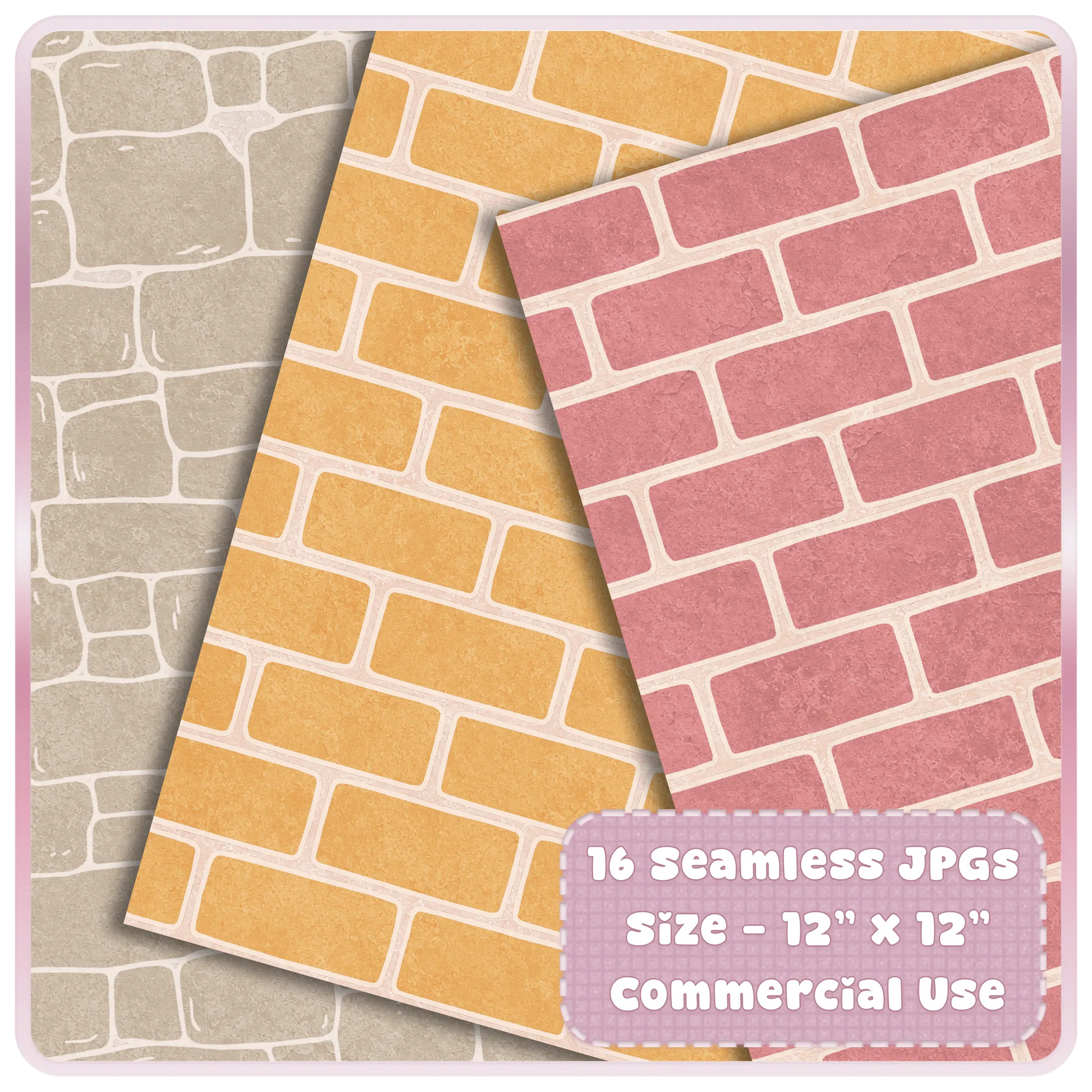 Sugarplum Cottage seamless brick digital papers in taupe, yellow, and pink, shown as layered printable JPG pattern sheets.