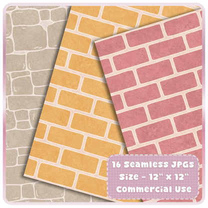 Sugarplum Cottage seamless brick digital papers in taupe, yellow, and pink, shown as layered printable JPG pattern sheets.