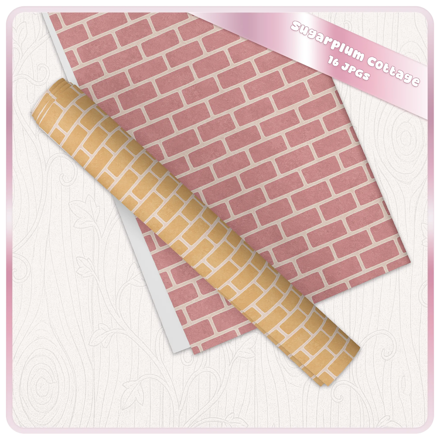Pink seamless brick digital paper and yellow brick strip mockup for Sugarplum Cottage printable pattern pack.