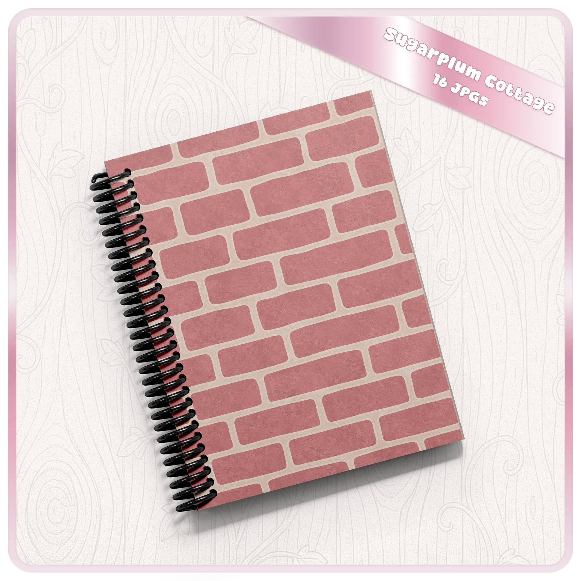 Pink brick seamless pattern displayed on spiral notebook mockup for cottagecore digital paper and printable cover designs.
