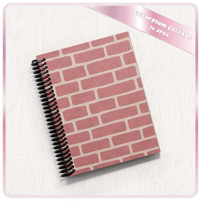 Pink brick seamless pattern displayed on spiral notebook mockup for cottagecore digital paper and printable cover designs.