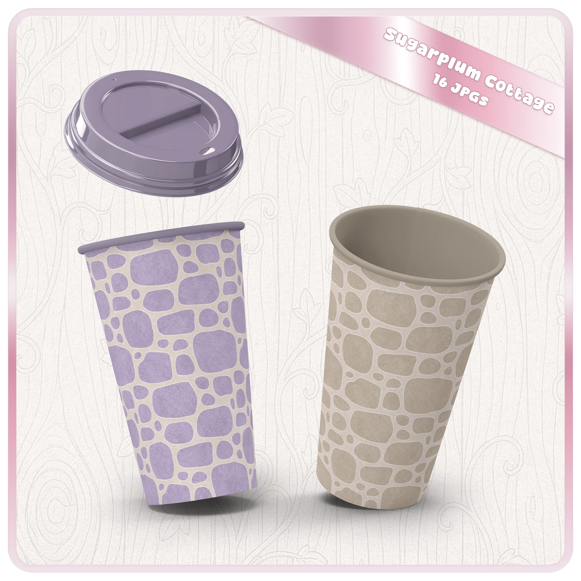 Lavender and taupe stone seamless digital papers shown on paper cup mockups for sublimation, packaging, and commercial product design.