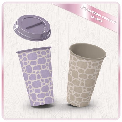 Lavender and taupe stone seamless digital papers shown on paper cup mockups for sublimation, packaging, and commercial product design.